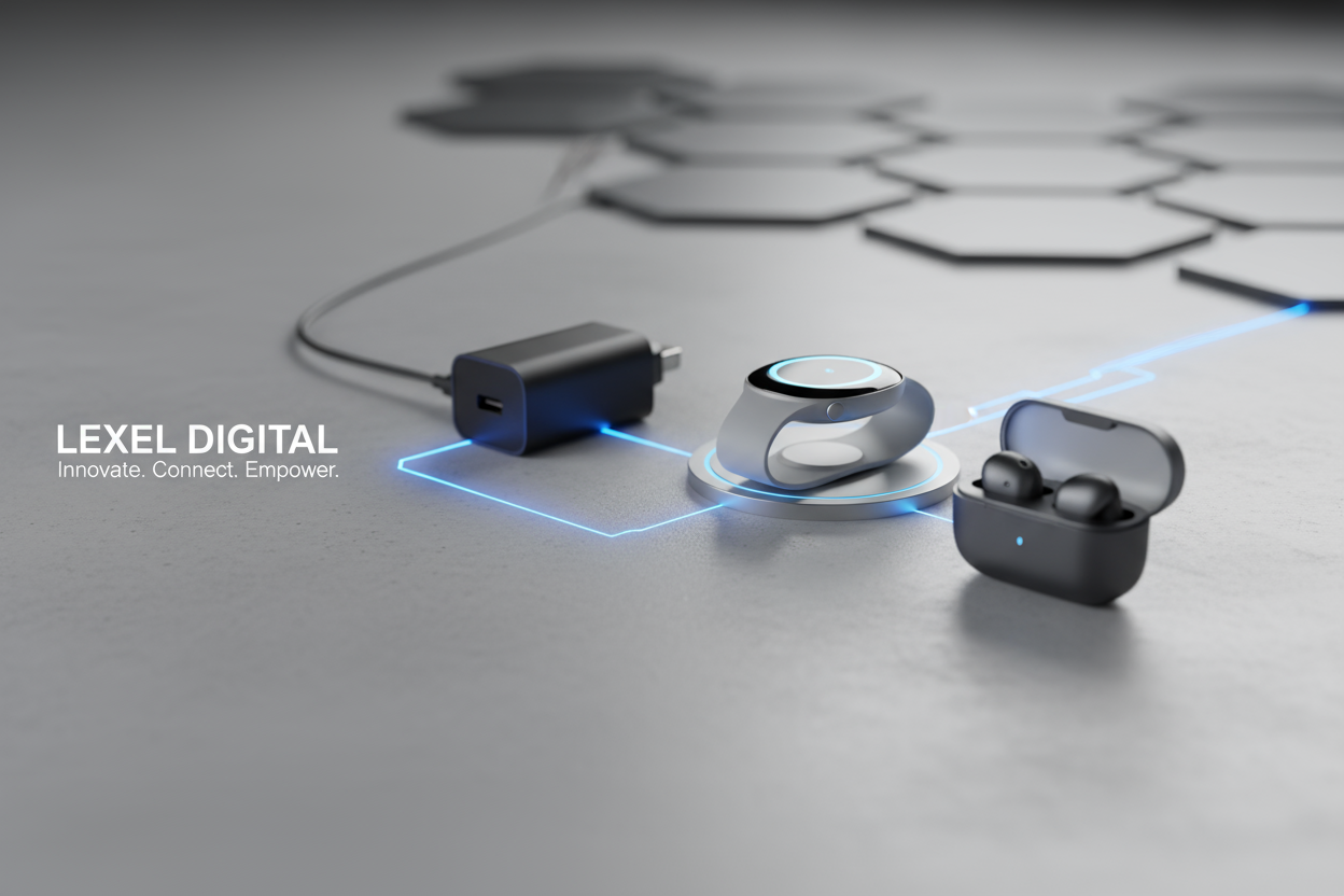A clean, modern, and high-tech hero banner for an electronics store called LEXEL DIGITAL. The image features a shallow depth of field shot of several key products: a sleek black GaN charger, a pair of minimalist true wireless earbuds in their case, and a metallic smartwatch on a charging pad. All items are placed on a clean, light gray or white surface, with a subtle digital blue glow or line connecting them, symbolizing connectivity and power. The mood should be premium, efficient, and sophisticated. Aspec