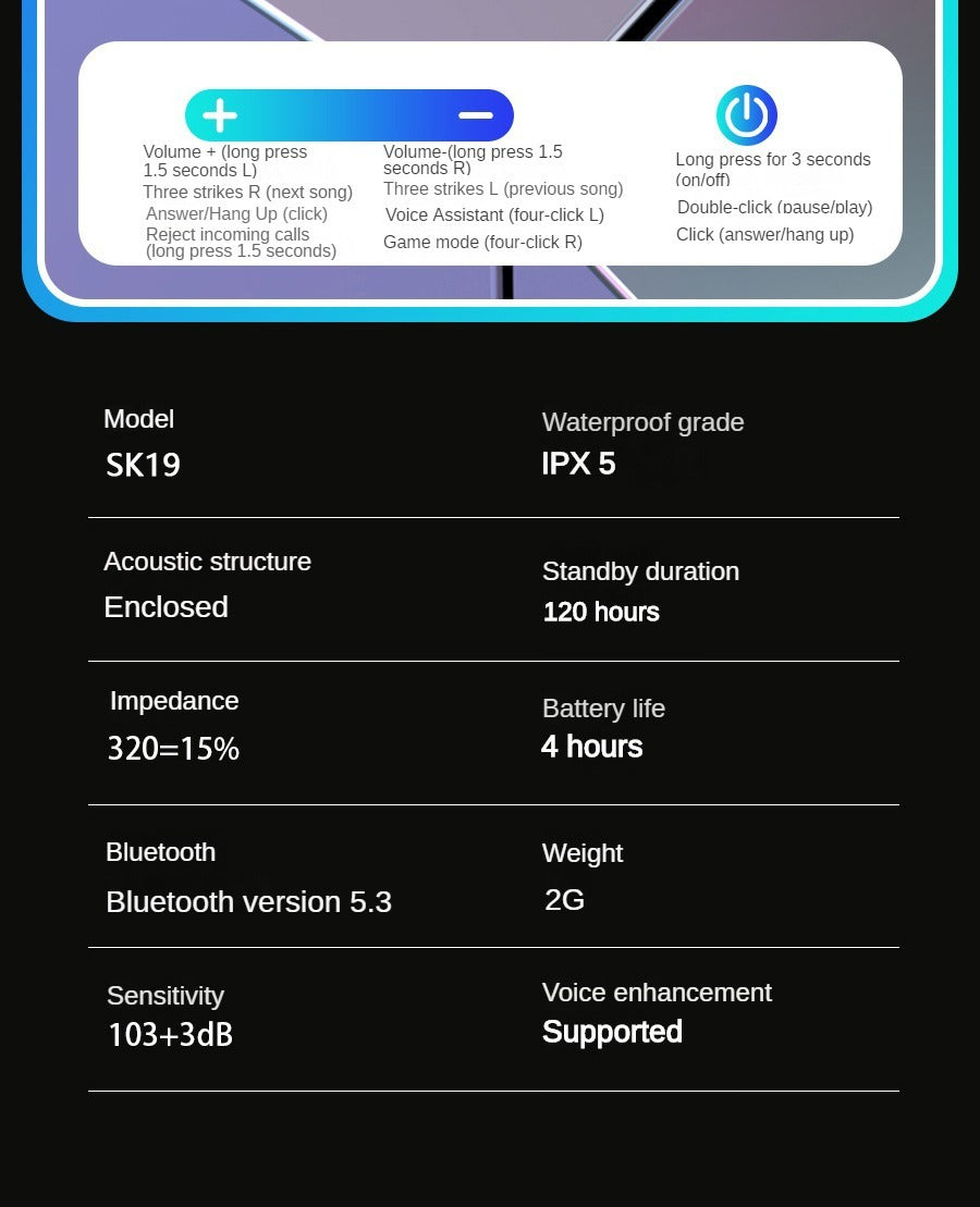 SK19 Wireless Bluetooth Headset Noise Reduction High Sound Quality